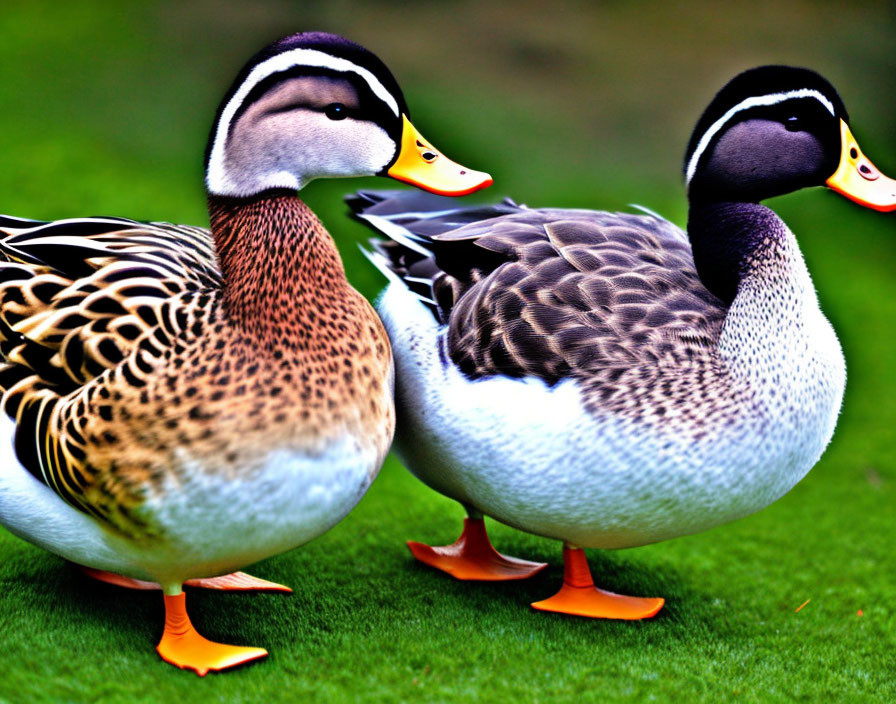 Vibrant plumage ducks on grass, one facing camera, one turned away