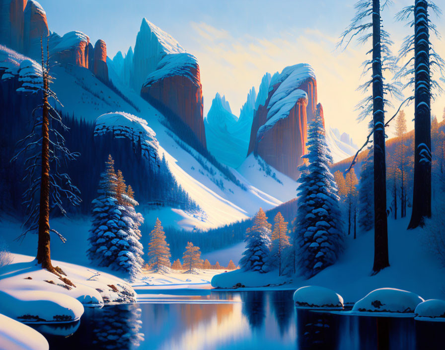 Snow-covered landscape with rock formations, trees, and tranquil river at sunrise or sunset