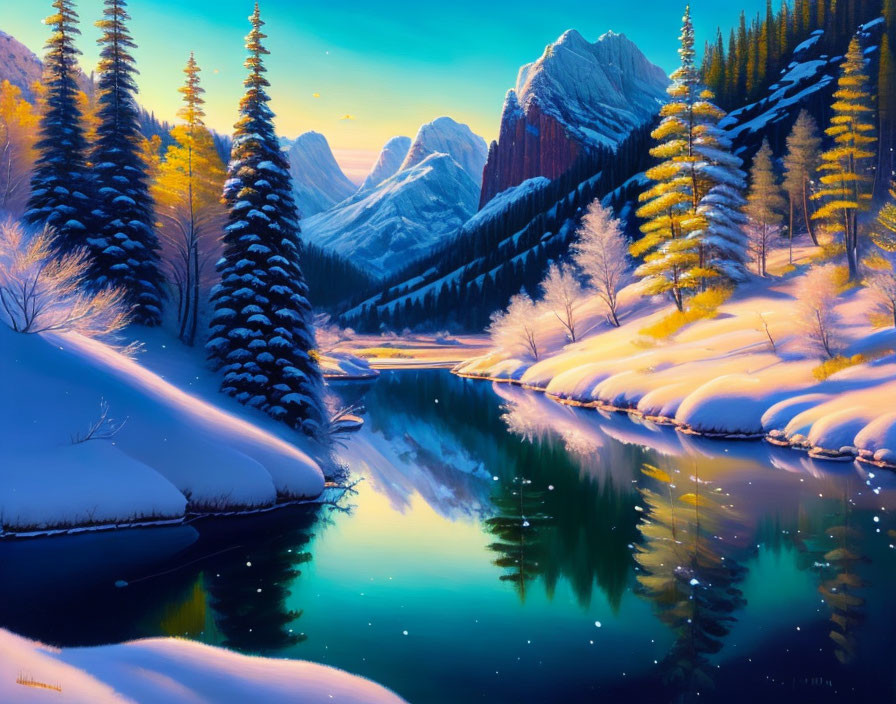 Snowy Riverbank with Evergreen Trees and Mountains at Sunset