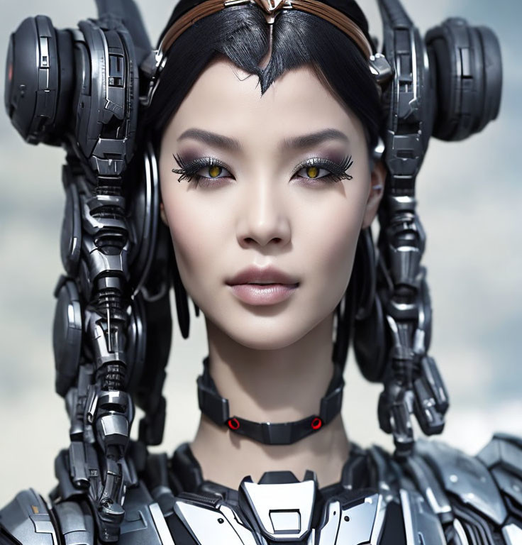 Female-presenting android in intricate mechanical armor against cloudy sky.