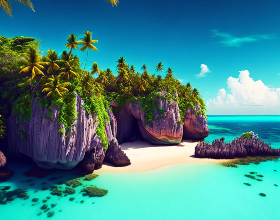 Tropical Beach with Palm Trees, Rock Formations, and Turquoise Sea