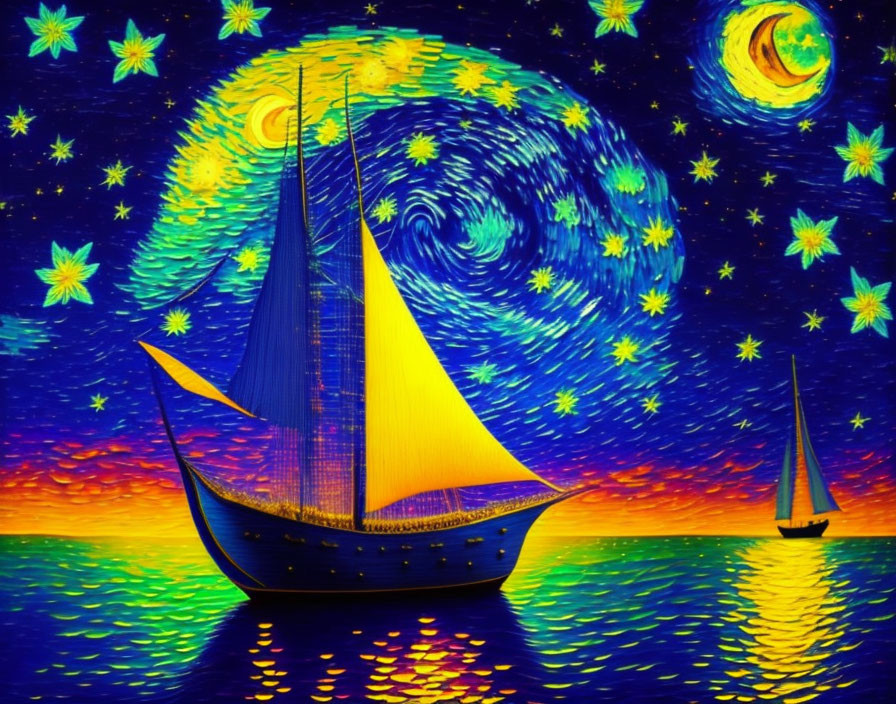 Colorful Sailboats on Starry Ocean with Moonlit Sky