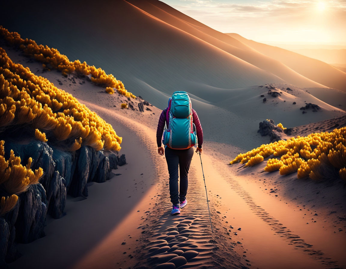 Person walking on desert dune ridge at sunset with footprints and yellow plants