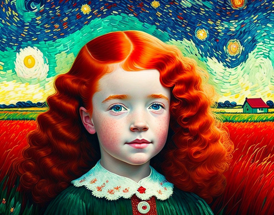 Portrait of girl with red hair and freckles in green dress against Van Gogh-style landscape