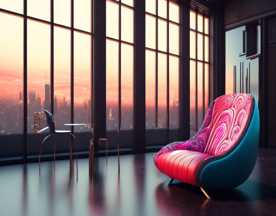 Colorful Designer Chair in Modern Interior with City Skyline View