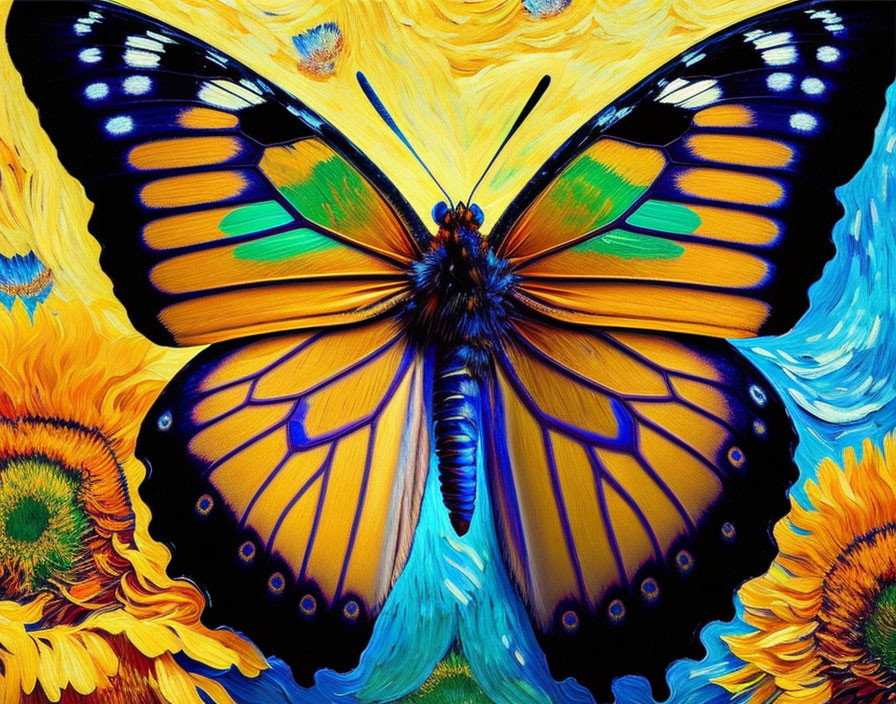 Colorful Butterfly Painting on Sunflowers with Blue Background