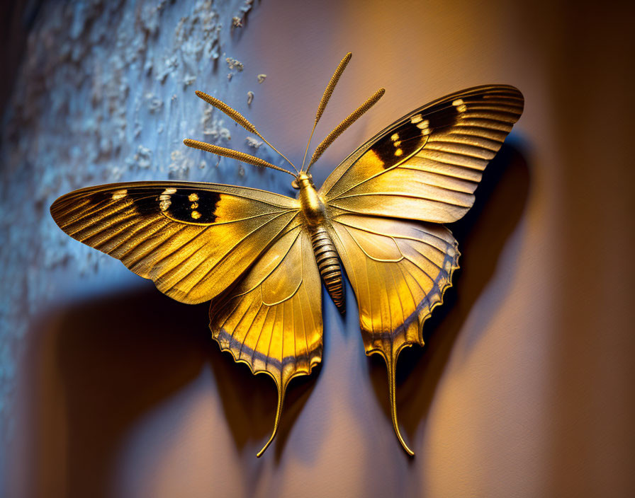 Golden butterfly with black patterns and eye spots on wings, perched on textured surface