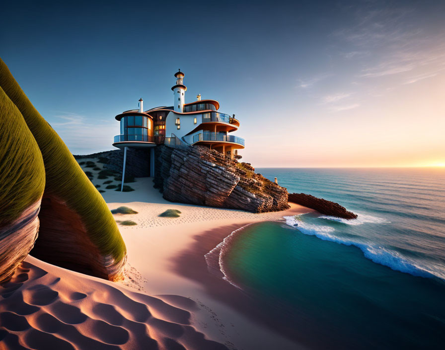 Scenic sunset view of lighthouse on rocky cliff with sandy dunes