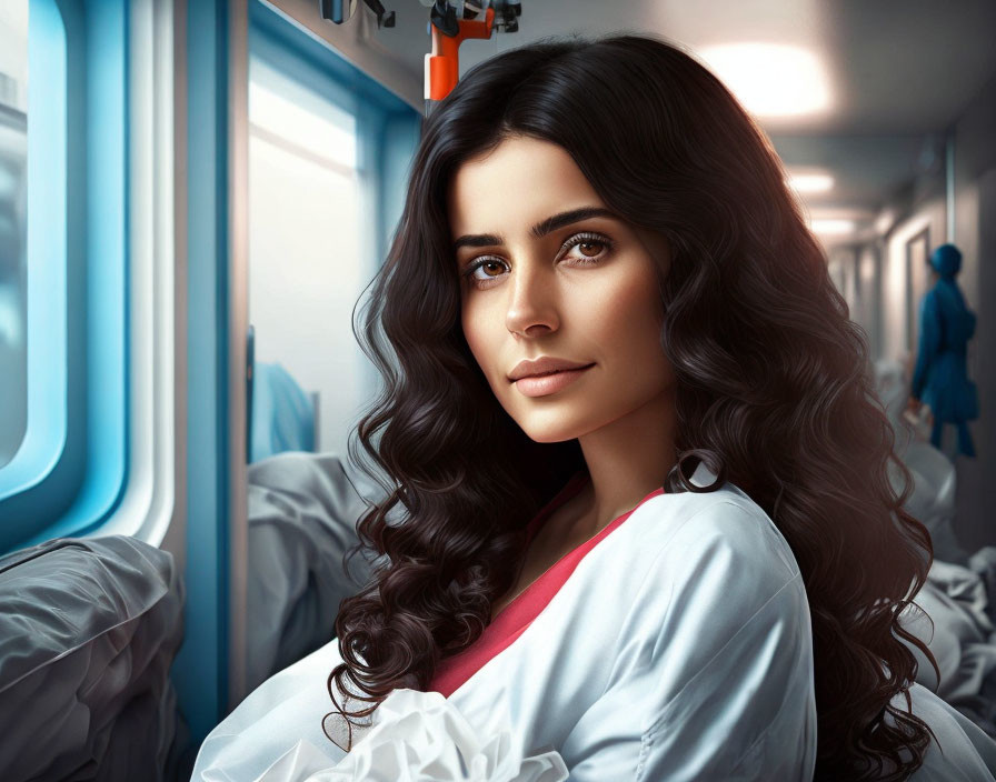 Dark-haired woman in white shirt gazes from blue train cabin