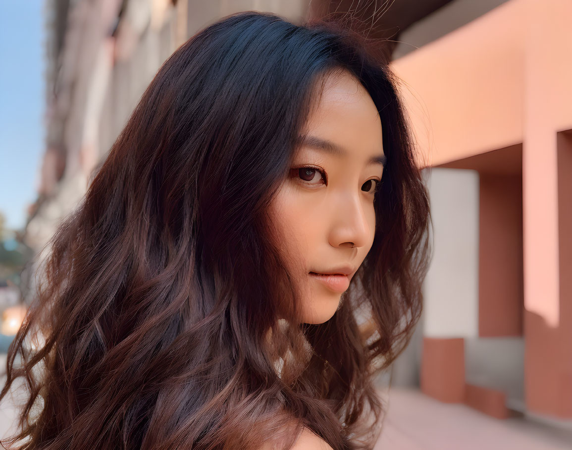 Young woman with long wavy hair in city setting with buildings and sunlight.