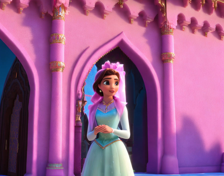 3D animated princess with tiara in front of pink castle