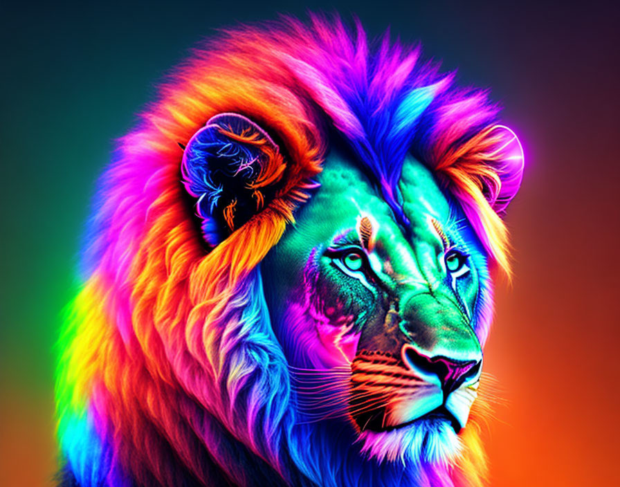 Colorful Lion Head Artwork with Rainbow Mane on Gradient Background