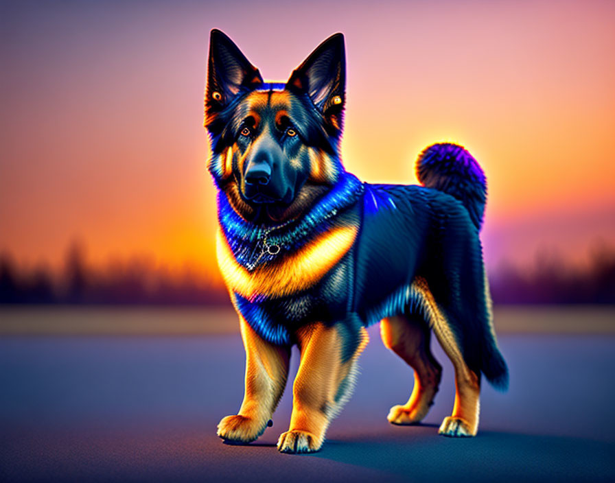 Alert German Shepherd Dog Against Vibrant Sunset Sky