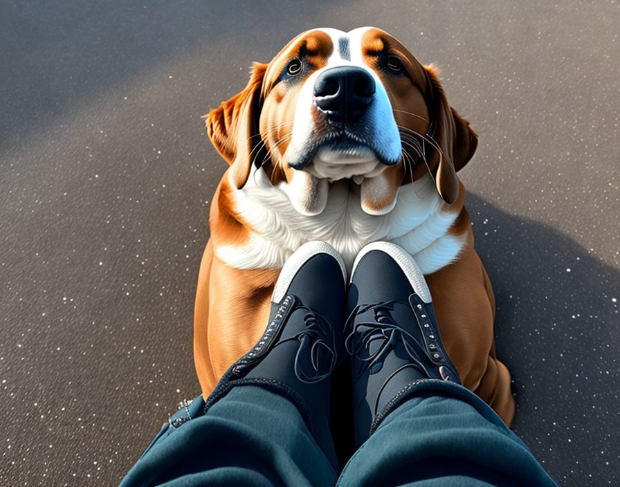 Person in Black Shoes and Blue Jeans with Dog on Gray Pavement