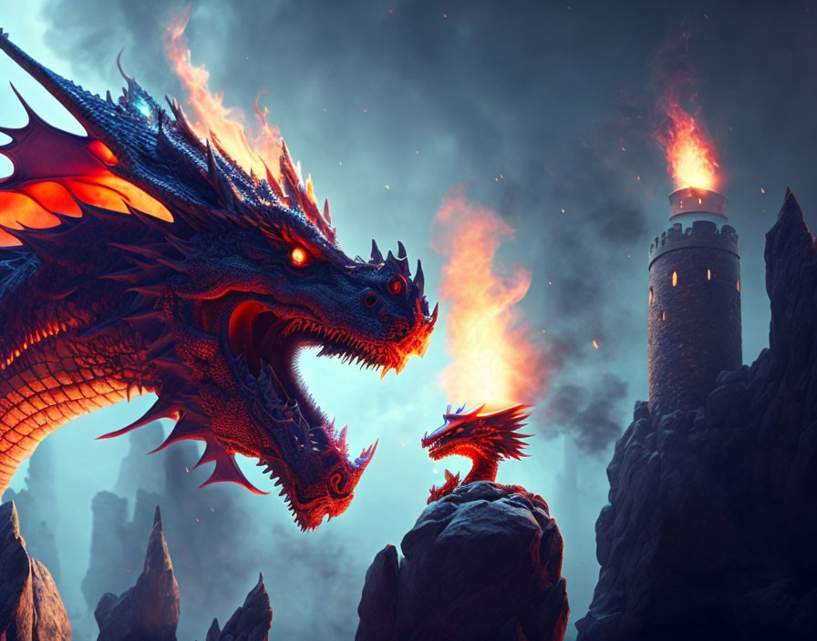 Majestic dragon breathing fire near stone tower