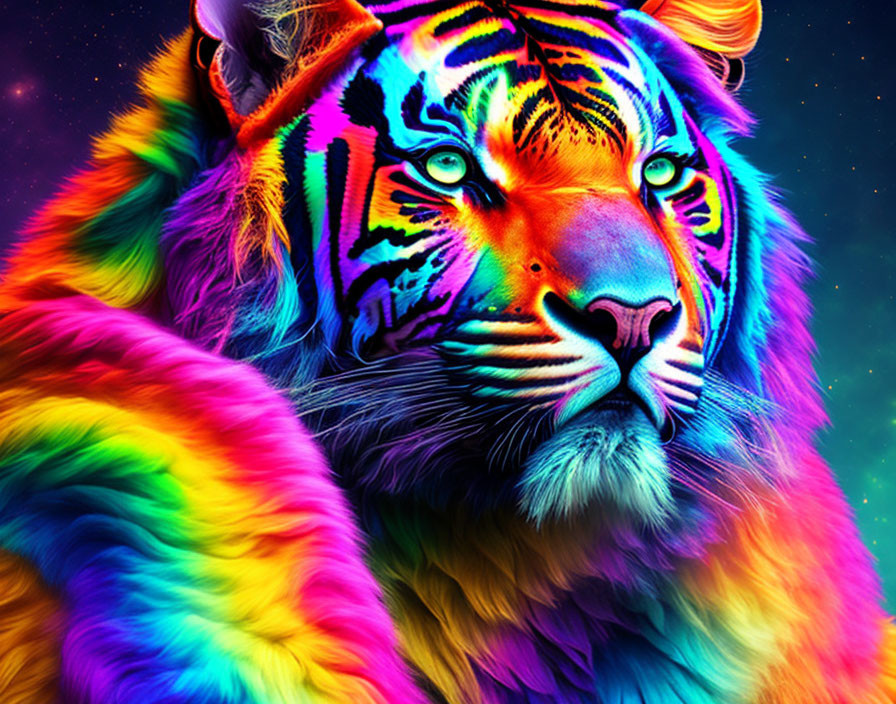 Colorful Psychedelic Tiger Artwork with Rainbow Spectrum and Hypnotic Eyes