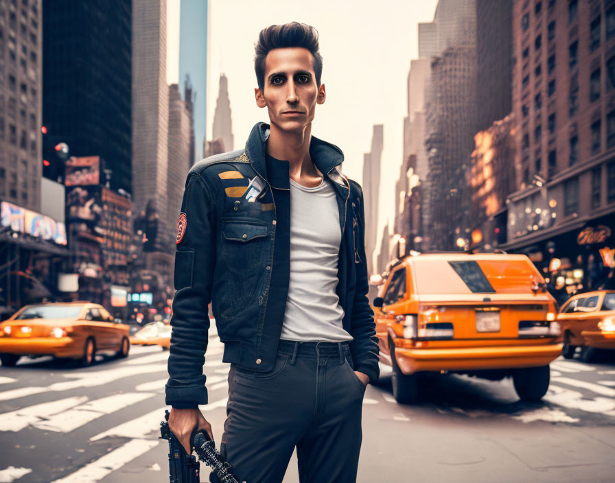 Stylish man in urban attire on busy city street with yellow cabs