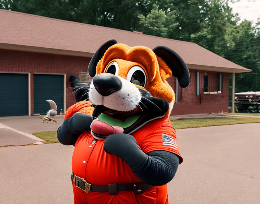 Person in Tiger Mascot Costume with Baseball and Mitt in Parking Lot with Bird Flying