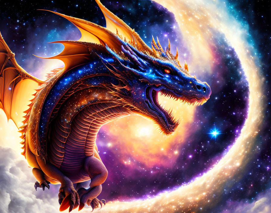 Golden-winged dragon in cosmic starry scene