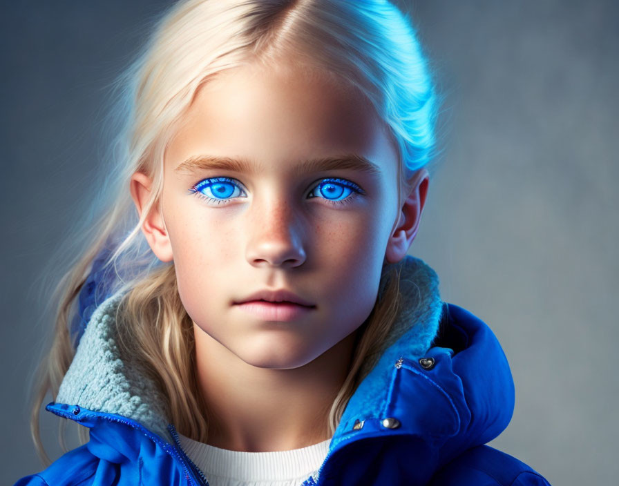 Child portrait with blue eyes and blonde hair in blue jacket on grey background