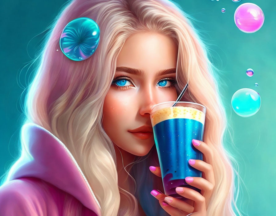 Illustrated woman with blonde hair holding blue drink in iridescent bubble setting