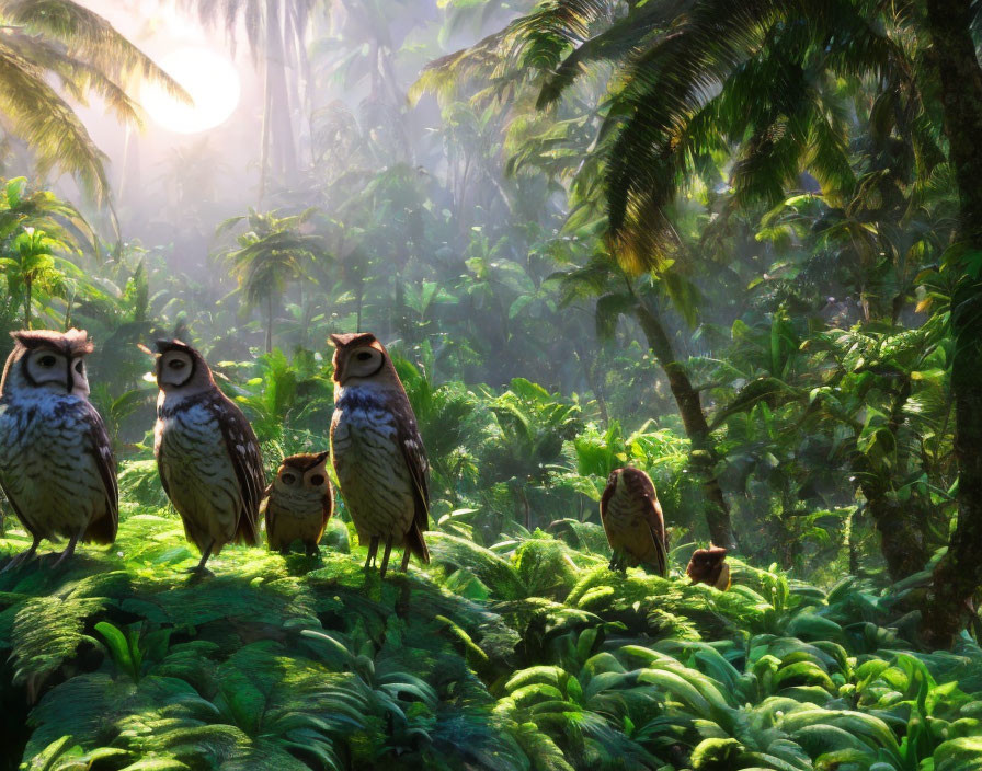 Animated owls in lush forest with sun rays