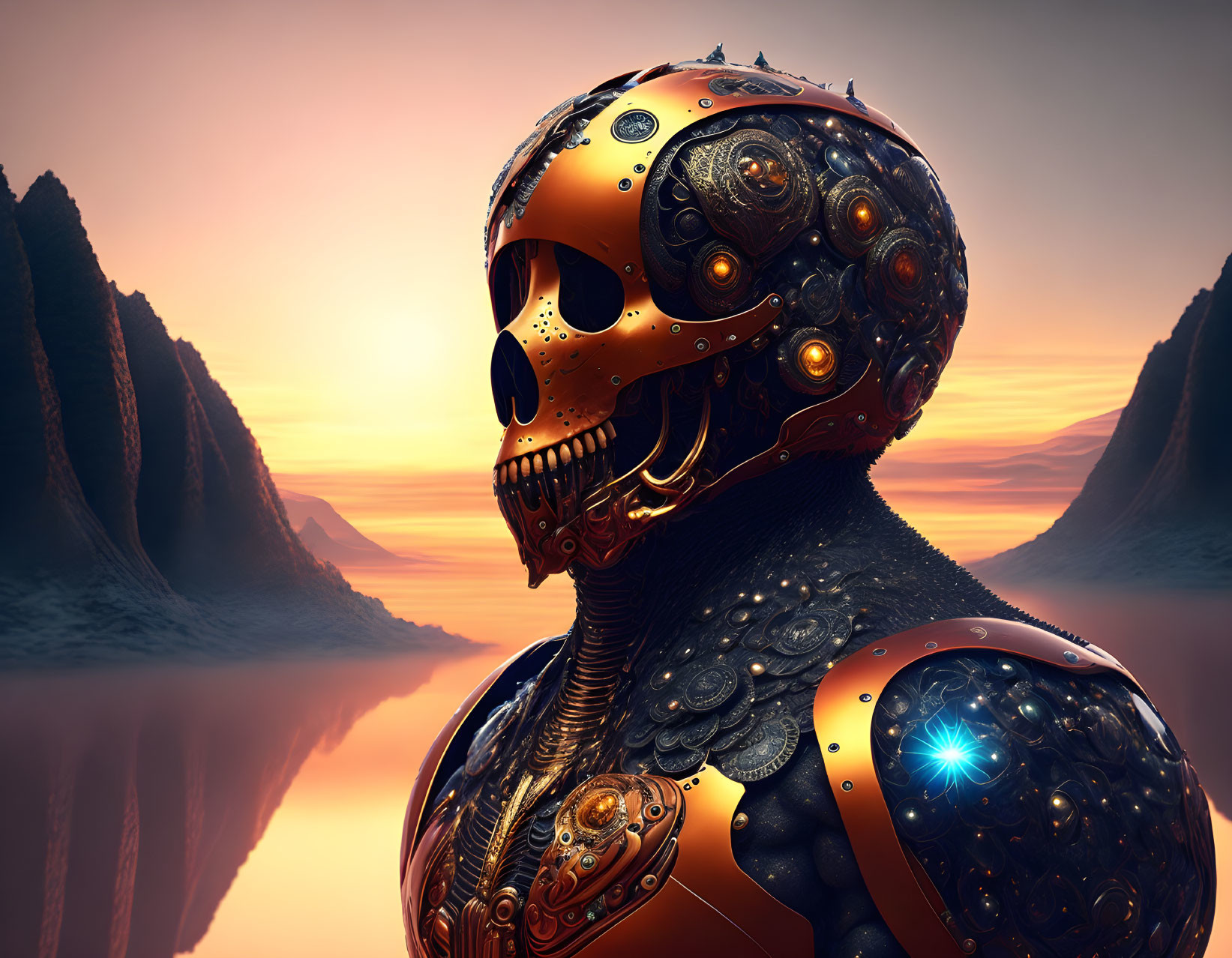 Futuristic robotic skull with ornate designs in sunrise landscape