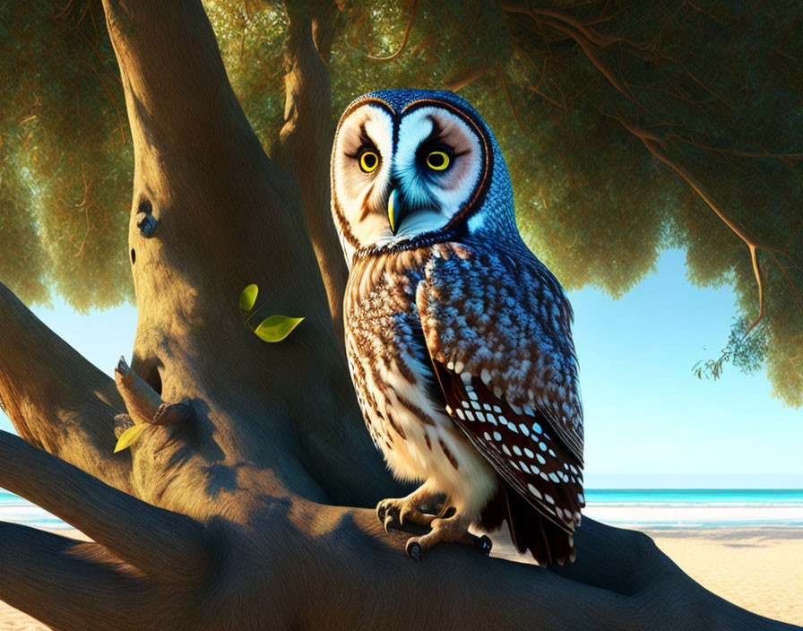 Realistic owl illustration on tree branch with beach and blue sky.