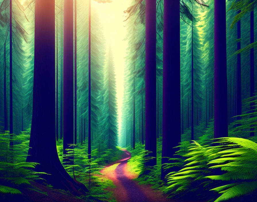 Scenic forest path with sunlight filtering through tall trees