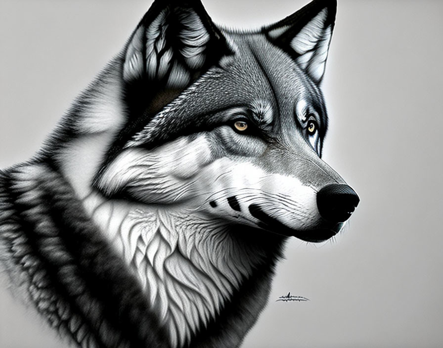 Detailed grayscale wolf illustration with focused eyes and textured fur.