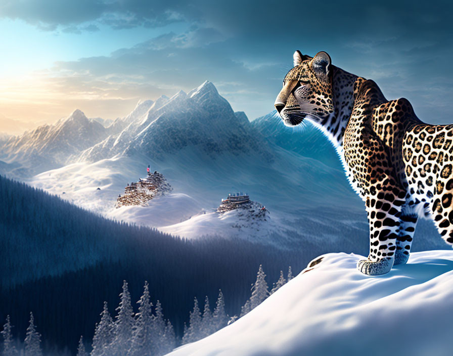 Leopard on Snow-covered Ledge in Mountain Landscape