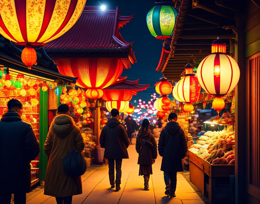 Colorful Night Market with Lanterns and Vendor Stalls