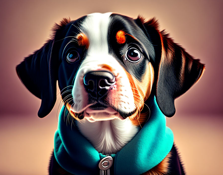 Digitally enhanced puppy image with glossy coat and blue scarf