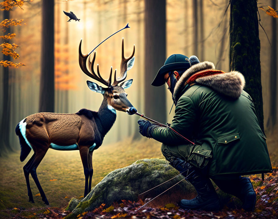 Man in winter attire petting deer in forest with flying bird and autumn leaves