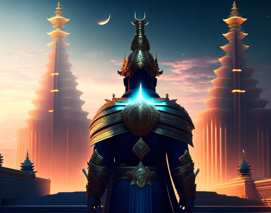 Warrior in Elaborate Armor Gazes at Twilight Sky with Crescent Moon