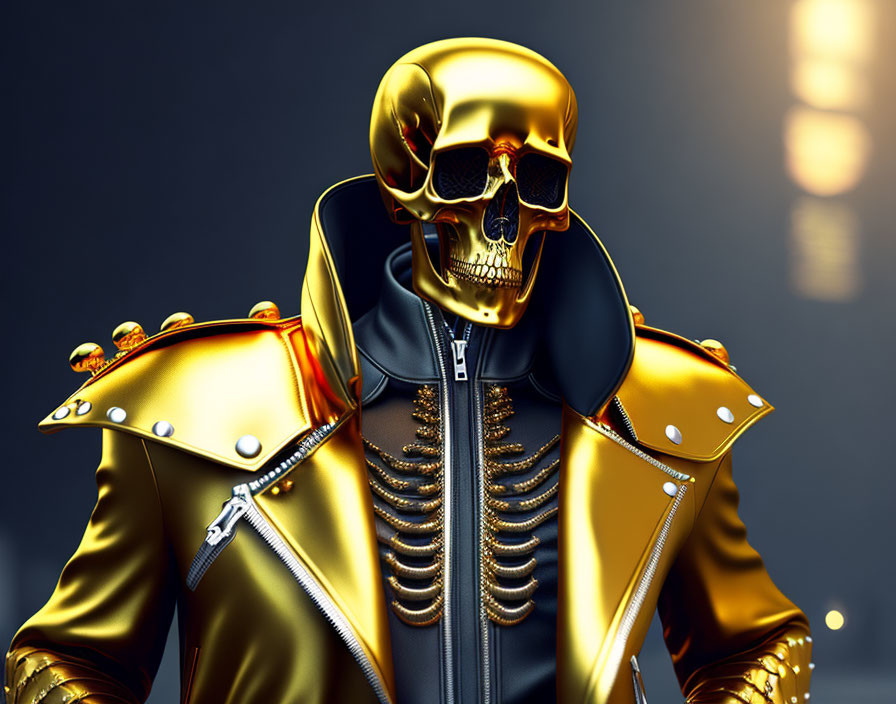 Golden skull with black and gold jacket in 3D digital art