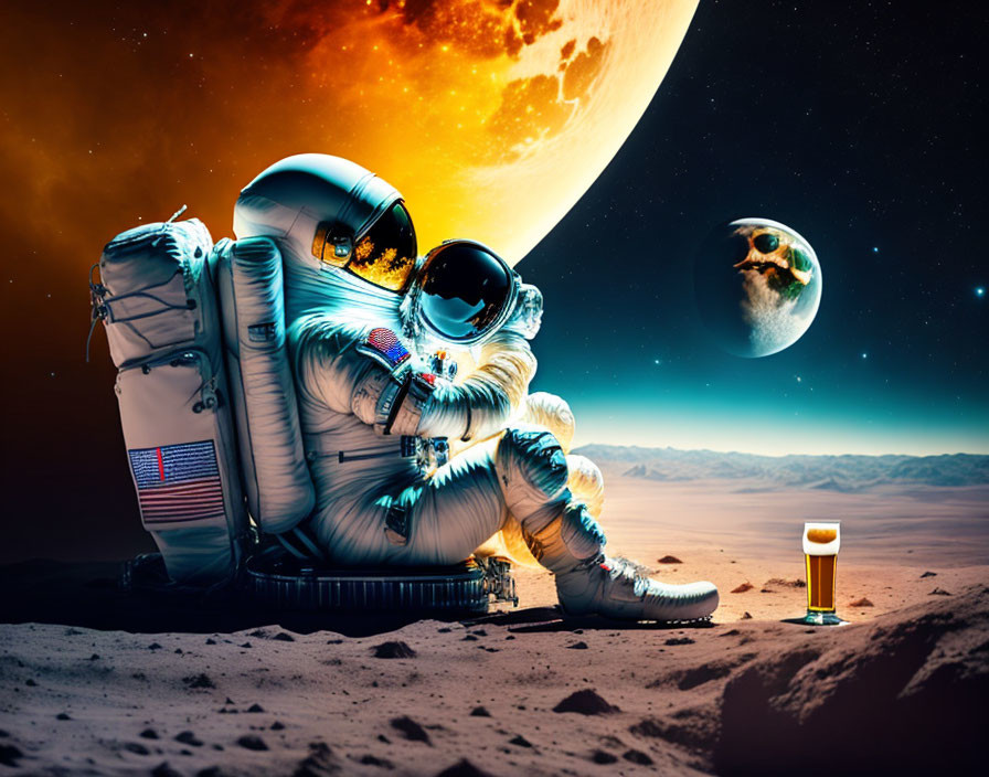 Astronaut sipping on a beer