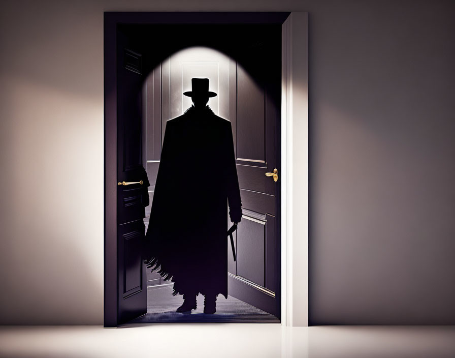 Mysterious Figure Silhouetted in Trench Coat and Hat