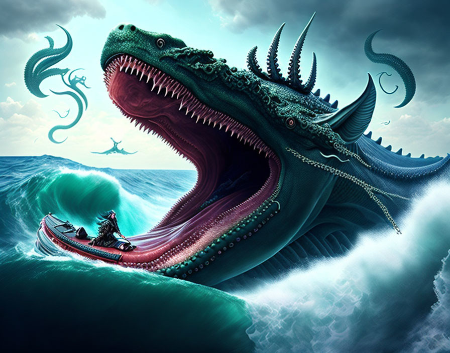 Digital artwork: Giant sea monster emerging from turbulent waves about to confront small boat.