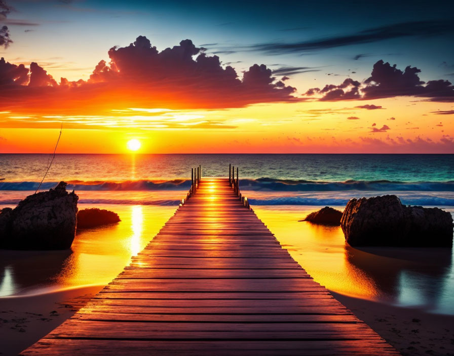 Scenic sunset ocean view with wooden pier, rocks, and fishing rod