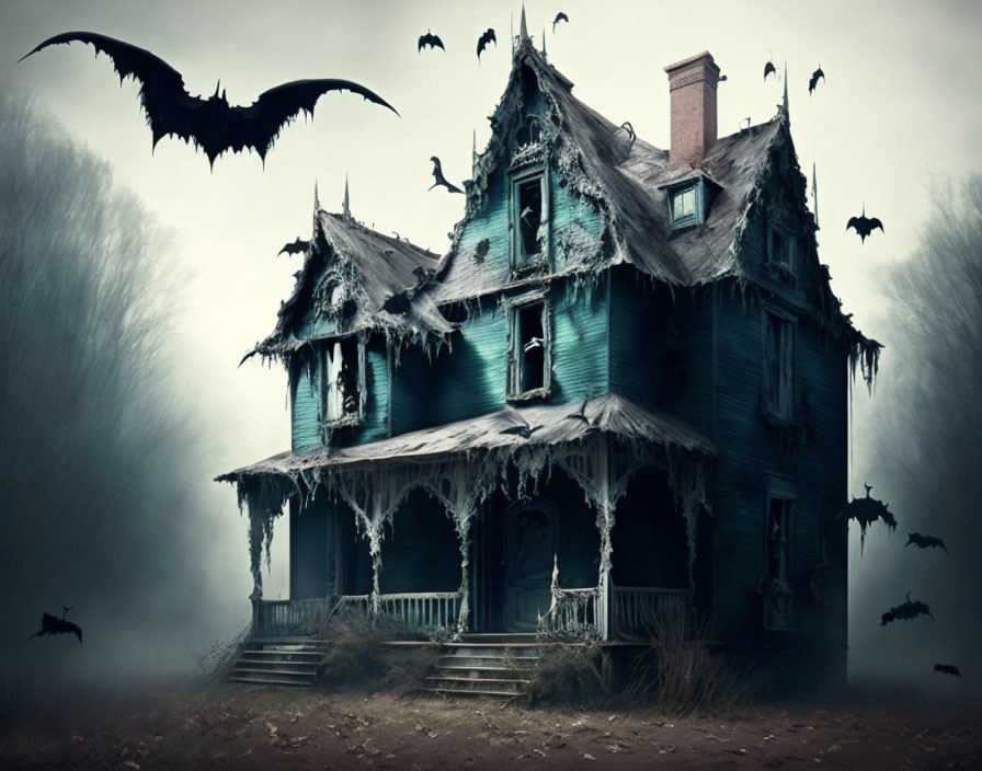 Dilapidated Blue Haunted House with Bats in Misty Setting