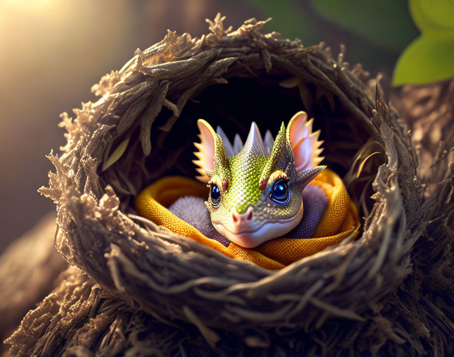 Green-Scaled Baby Dragon Nestled in Cozy Hollow