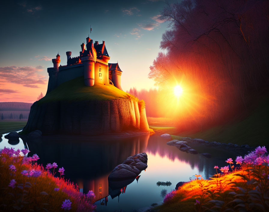 Vivid sunset colors over fairytale castle and moat in serene setting