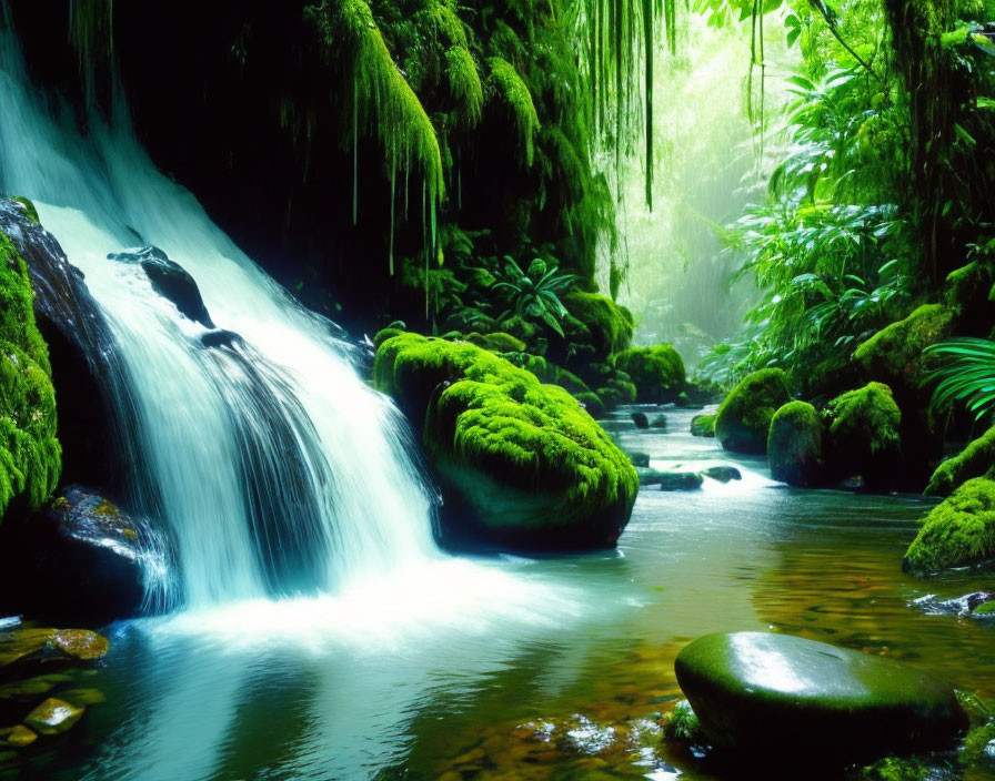 Tranquil waterfall in lush rainforest with moss-covered rocks