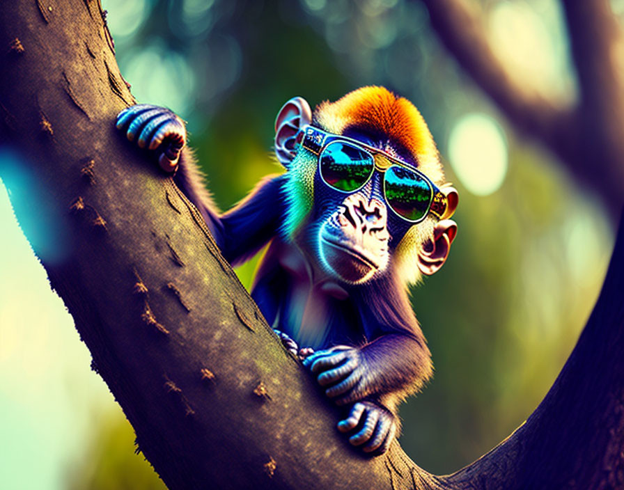 Colorful Monkey with Sunglasses on Tree Branch and Bokeh Background