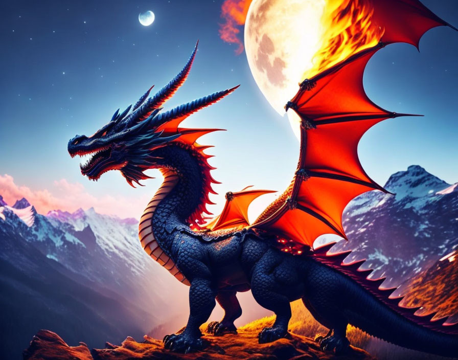 Majestic dragon on cliff with spread wings, mountains, moon, starry sky