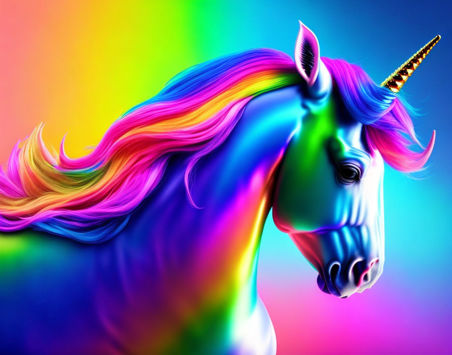 Colorful Unicorn Digital Art with Rainbow Mane on Multicolored Background