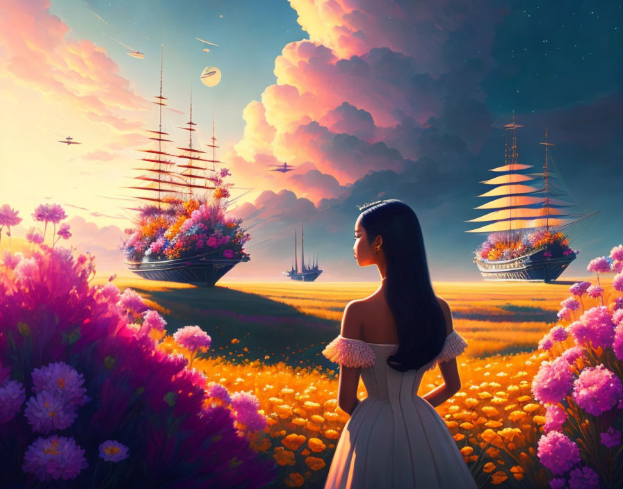 Woman in white dress admires flying ships over sunset sky with floating islands