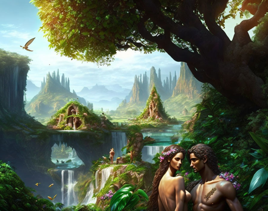 Fantasy landscape with embracing couple near waterfall