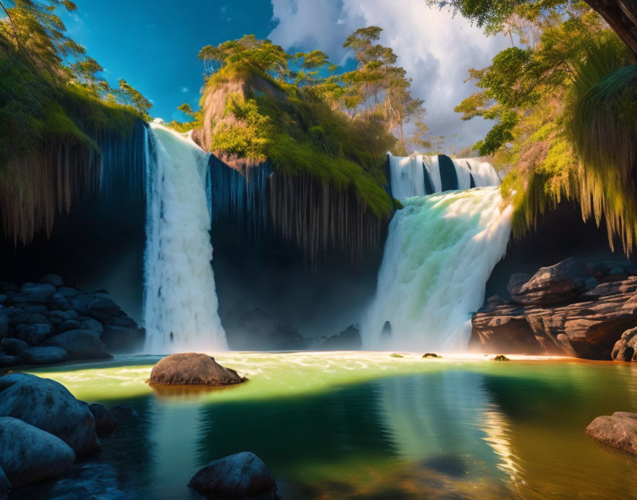 Serene turquoise pool with cascading waterfall surrounded by lush vegetation